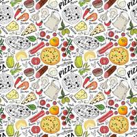 pizza naadloze patroon hand getrokken schets. pizza doodles voedsel achtergrond met bloem en andere voedselingrediënten, oven en keukengerei. vector illustratie