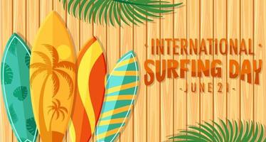 internationale surfdag lettertype met veel surfplanken op houten achtergrond