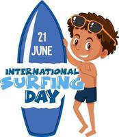 internationale surfdag banner met een jongen surfer stripfiguur geïsoleerd vector