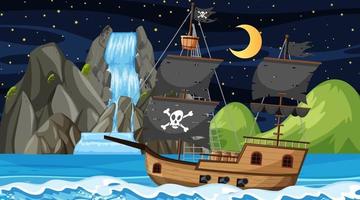 oceaan met piratenschip bij nachtscène in cartoonstijl vector