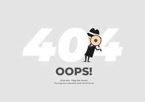 detective met een vergrootglas achter 404 tekst. Fout 404 - Pagina niet gevonden. Systeem onderhoud. vector