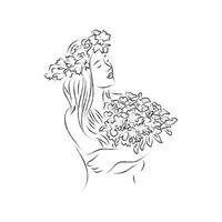hand- getrokken vrouw mode illustratie meisje met bloemen lijn kunst vector