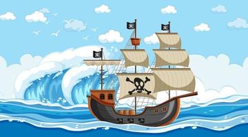 oceaanscène overdag met piratenschip in cartoonstijl vector