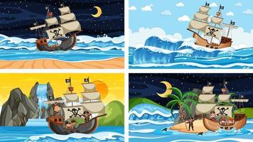 set van verschillende strandtaferelen met piratenschip vector