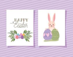 uitnodiging met vrolijke paasbelettering en twee roze konijnen met paaseieren op een paarse achtergrond vector