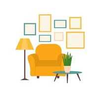 meubilair in vector grafiek, een fauteuil, een lamp, een tafel en vlak schilderijen. de huis interieur van de leven kamer in warm kleuren is geïsoleerd Aan wit.