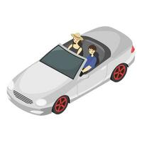 single van paar gaan Aan weg reis met wit zilver cabriolet auto met veel bagage tas, reizen met minnaar in vakantie zomer reis, isometrische visie van cabriolet auto vlak kleur illustratie vector. vector