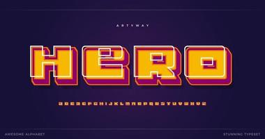 superheld alfabet. cartoon 3D-lettertype in oude stijl, kleurrijk schaduwtype voor modern voor superheldenlogo, kop en creatieve belettering. vetgedrukte geometrische letters met omgekeerd contrast, vector typografische de