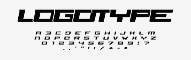 alfabet voor logo's. brede letters, cijfers en leestekens. cursief lettertype, minimaal ontwerp voor modern sportlogo, snelheidsrace en autotitel. uitgebreide stijl, vector typografisch ontwerp