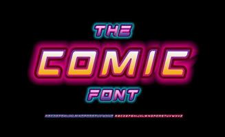pop komische alfabet. neonlicht verbluffend lettertype, cartoontype voor modern futuristisch logo, gloeiende kop, stripboekbelettering. nachtkleur gloed stijl zonder uitgebreide letters, vector typografisch ontwerp