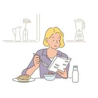 een vrouw leest een boek tijdens het ontbijt. handgetekende stijl vectorontwerpillustraties. vector