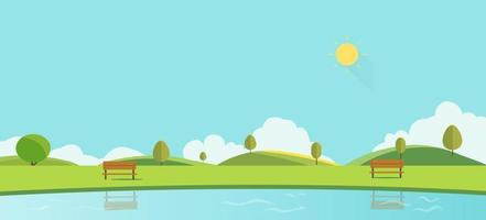 openbaar park met bank hemel achtergrond vector illustration.beautiful nature scene.spring park landschap met lake
