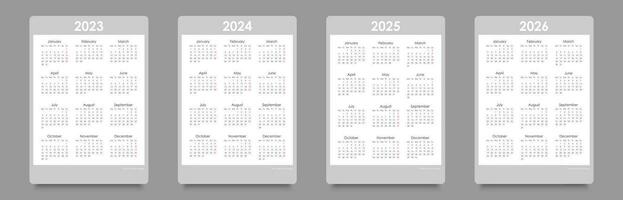 kalender reeks voor 2023, 2024, 2025, 2026. week begint Aan maandag, portret oriëntatie, zwart en wit, Engels vector