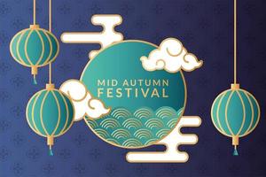 mid herfst festival poster met hangende lampen en wolken vector