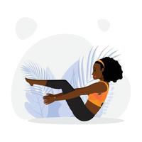 jong zwart meisje dat yoga-asana op een halve boot beoefent, jong meisje dat zittende yoga-houding beoefent vector