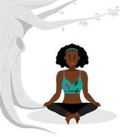 jong meisje dat meditatie beoefent, lotus yoga pose, zwarte dame die lotus yoga asana beoefent vector
