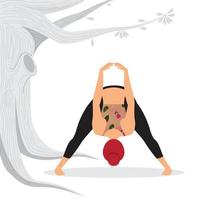 jonge roodharige vrouw die voorwaartse buiging yoga asana beoefent, de jonge roodharige dame in gymoutfit die voorwaartse buiging buiten beoefent vector