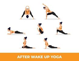 set van yoga asana na het wakker worden van yoga, vrouw die yoga asana beoefent vector