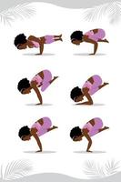 jonge zwarte dame die yoga asana van balans beoefent met armen, jonge zwarte dame in lavendel outfit die balancerende yoga asana beoefent vector