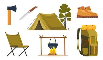 camping en wandelen uitrusting set. groot verzameling van elementen of pictogrammen voor sport, avonturen in natuur, recreatie en toerisme concept ontwerp. vector illustratie.