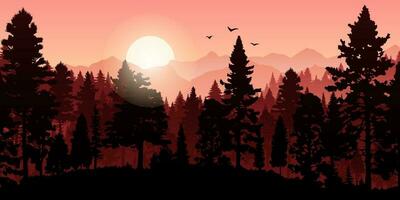 mooi rood berg landschap met mist, bomen, rotsen, vogelstand en heuvels in silhouet tegen een zonsopkomst of zonsondergang lucht. perfect voor natuur en reizen ontwerpen. panoramisch silhouet, oranje bergen. vector