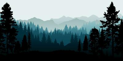 een mooi vector illustratie van een nevelig Woud landschap met naald- bomen in silhouet. de groenblijvend bomen, bergen, en natuurlijk milieu perfect voor achtergronden van natuur, dieren in het wild