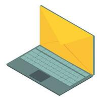e-mail icoon isometrische vector. Open modern laptop met envelop Aan scherm icoon vector