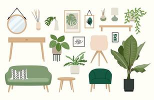 leven kamer Scandinavisch stijl meubilair reeks van elementen in vlak stijl. huis oerwoud, ingemaakt planten, fauteuil, bank, posters illustratie. vector illustratie