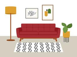 leven kamer interieur in vlak stijl. rood bank, tapijt, verdieping lamp, posters Aan een wit achtergrond. vector illustratie