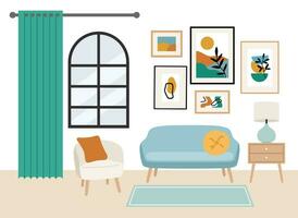 leven kamer modern interieur in vlak stijl. bank, fauteuil, tapijt, posters Aan een wit achtergrond. vector illustratie