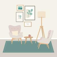 leven kamer meubilair interieur vlak stijl. romantisch, teder stijl. lounge zone. vector fauteuil, affiches, tafel, verdieping lamp illustratie. vector illustratie