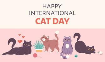 Internationale kat dag groet kaart. schattig kat karakters. vector