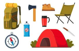 camping en wandelen uitrusting set. groot verzameling van elementen of pictogrammen voor sport, avonturen in natuur, recreatie en toerisme concept ontwerp. vector illustratie.