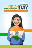 voorraad vector illustratie van Indië gelukkig onafhankelijkheid dag. meisje is tonen hart vorm Indisch vlag, sjabloon ontwerp voor poster, banier, folder, groet kaart.
