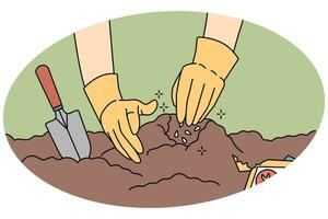 boer handen werken in grond beplating zaailing in bodem. persoon tuinman bezig Bij tuin met planten en tuinbouw. landbouw en landbouw. vector illustratie.