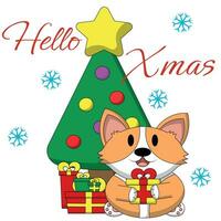 Kerstmis groet ansichtkaart met karakter corgi met Kerstmis boom en geschenk doos vector