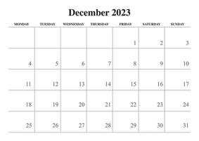 2023 december kalender gemakkelijk zwart en wit begin Aan maandag vector