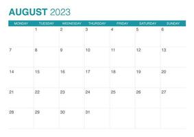 2023 augustus kalender begin Aan maandag vector