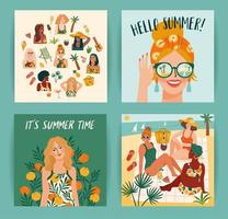set van heldere zomerillustraties met schattige vrouwen zomervakantie vakantiereizen vector