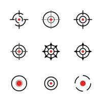 doel of doel icon set van 9 pictogrammen in zwarte en rode kleur op witte achtergrond doelpictogrammen vector