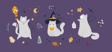 reeks van schattig geesten en katten. gelukkig halloween. kinderachtig eng en glimlachen griezelig karakters. Super goed voor uw ontwerp, ansichtkaart, poster, kinderen kamer, logo, afdrukken. geïsoleerd vlak vector illustratie