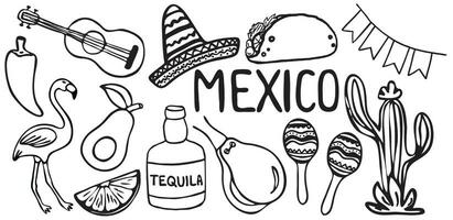 Mexicaans reeks van attracties. cactus, gitaar, tequila, limoen, sombrero, taco, flamingo, avocado, castagnetten, peper. geïsoleerd Aan een wit achtergrond. vector