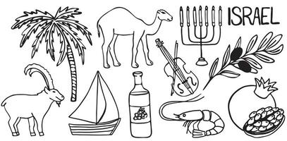 symbolen van Israël. vector voorraad illustratie. geïsoleerd Aan een wit achtergrond. kameel, granaatappel, viool, wijn, olijven, garnaal, zeil, palm, nubisch steenbok.