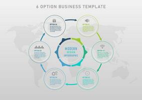 infographic sjabloon 6 opties cirkel met multi gekleurde borders buiten gekleurde brieven en pictogrammen in de midden- van de directioneel pijlen. cirkel binnen de brieven in de centrum van de kaart onderstaand. vector