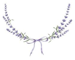 lavendel lauwerkrans. hand- getrokken waterverf illustratie van ronde bloemen kader met Purper lint Aan wit geïsoleerd achtergrond voor groet kaarten of bruiloft uitnodigingen. sjabloon voor ansichtkaarten of logo vector