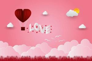 Valentijnsdag ballonnen in een hartvormig vliegen over gras weergave achtergrond papier kunststijl vector