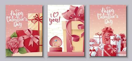reeks van kaarten voor gelukkig Valentijnsdag dag.poster met rozen, geschenk. feestelijk helder ansichtkaart, liefde creatief concept. a4 vector illustratie voor banier, poster, kaart