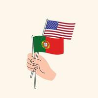 tekenfilm hand- Holding Verenigde staten en Portugees vlaggen. Verenigde Staten van Amerika en Portugal relaties vector