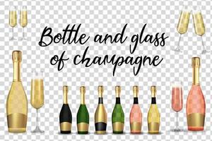grote collectie set realistische 3d champagne gouden en roze en groene fles en glas