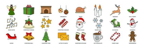 Kerstmis en nieuw jaar icoon set, inbegrepen pictogrammen net zo Kerstmis boom, de kerstman claus, heet chocola en meer symbolen verzameling, logo geïsoleerd vector illustratie